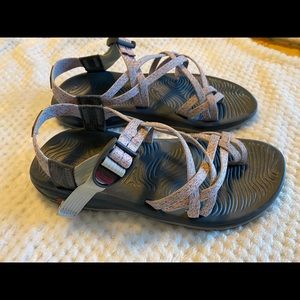 Strappy Chaco sandals, grey with pink, size 9